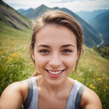 A woman with long hair is smiling and looking at the camera. She is taking selfie on a peak of mountain