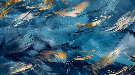 An abstract artistic background gold brushstrokes. Vintage illustration, feathers, blue.