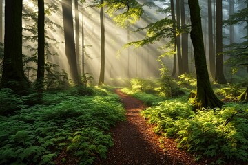 An atmospheric scene of a misty forest bathed in soft morning light, with towering trees shrouded in fog and vibrant foliage carpeting the forest floor, evoking a sense of mystery and wonder.