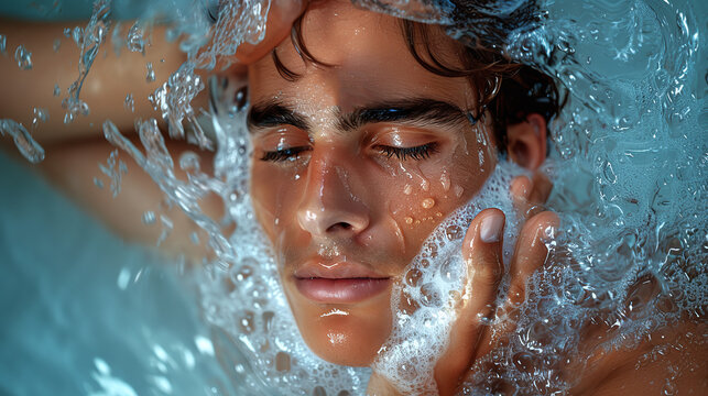 close up of handsome young man on bathtub, foam, bubbles, aesthetic, skin care for men concept