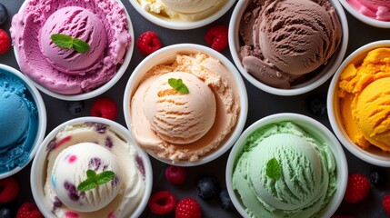 Variety of ice cream scoops in bowls with fresh berries and mint, selective focus