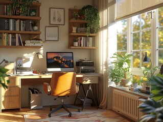 An office background in a home office setup, with a comfortable desk