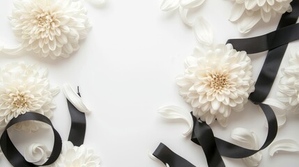 Beautiful chrysanthemum flowers and black ribbon on white background