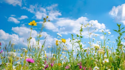 Beautiful field meadow flowers, spring and summer flower panorama