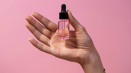 woman hands holding serum dropper bottle on pink background - obrazy, fototapety, plakaty