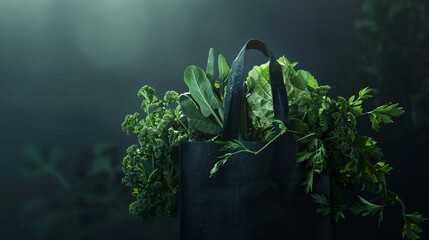 A sturdy shopping bag with leafy greens against a mysterious dark background illustrated in the dramatic and detailed style of Baroque emphasizing the drama of nutrition - obrazy, fototapety, plakaty