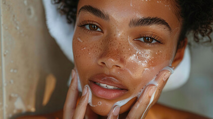 Fototapeta premium young brown skin woman cleansing her skin, skincare routine concept, fresh skin, clean, beauty