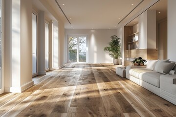 Empty room and wooden floor. Empty room for advertising. Generative AI