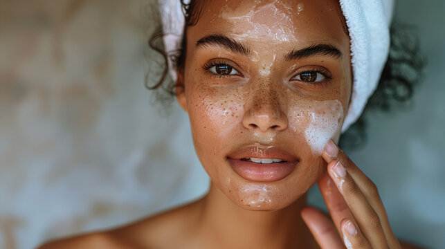 young brown skin woman cleansing her skin, skincare routine concept, fresh skin, clean, beauty
