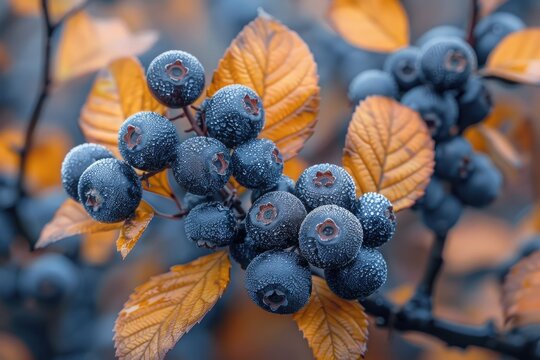 A cluster of ripe blueberries with morning dew drops, nestled among warm-toned autumn leaves.