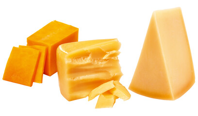 composição com pedaços de queijos variados isolado em fundo transparente - parmesão, cheddar e provolone