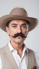 Studio portrait on white background of an attractive middle-aged gentleman with a perfect mustache in Mexican style