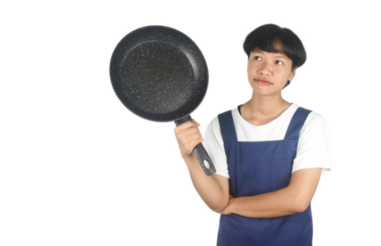asian woman wearing apron holding a pan thinking about something on grey background. - Powered by Adobe