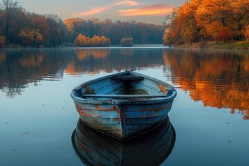 Solitary Rowboat on Serene Autumn Lake