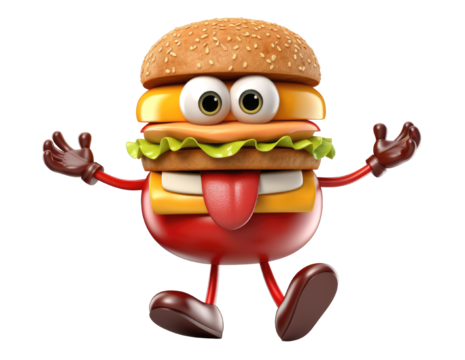 Friendly Hamburger Character Welcoming You, Fast Food Fun - An Animated Burger with a Big Smile Invites Everyone to Enjoy
