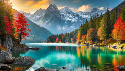 Landscape with lake and mountains and autumn  forest.