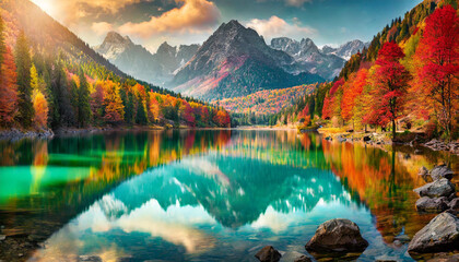 Beautiful landscape with lake and mountains and colorful forest trees.
