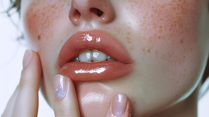 close up of woman applying lip gloss