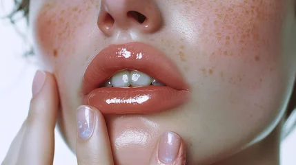 Fotobehang close up of woman applying lip gloss © Luluraschi
