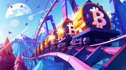 An educational theme park attraction explaining the concept of cryptocurrencies with a roller coaster ride visualizing Bitcoins history
