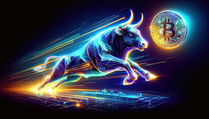 Bitcoin bull run, bull portrait in graphic style with BTC symbol on plain background, financial market concept, digital currency concept, crypto, generative ai - obrazy, fototapety, plakaty