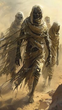 Ancient Egyptian mummies awakening as zombies blending mythology with the undead in a desert setting