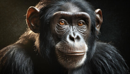 Close up chimpanzees portrait on dark background.	
