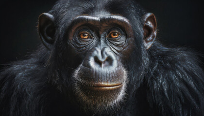 Close up chimpanzees portrait on dark background.	