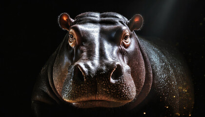 Close up portrait of  hippopotamus in water.