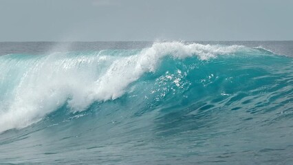 Perfect blue ocean wave breaks on the shore in the Maldives. Honeymoon surfing spot near the island of Himmafushi
