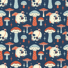 Vintage trippy seamless pattern with mushrooms and skull. Playful vision, floral tricky backdrop. Dark night background with fungi, toadstools and agaric.