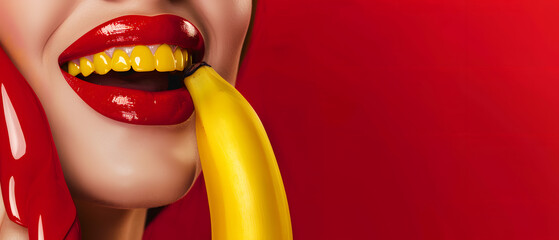 Close-up of sexy Woman Biting Banana. A close-up shot of a woman with red lipstick biting a banana on a vibrant yellow background, copy space. - obrazy, fototapety, plakaty