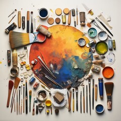 A flat lay knolling photo of a painter's tools against a white paper backgorund with vibrant colors all around. 