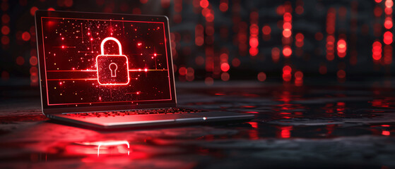 Laptop with red glowing padlock. Digital data security concept.