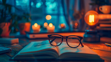Glasses catching the reflection of a lamp amidst the intense focused work of nighttime invention in a cozy attic workspace