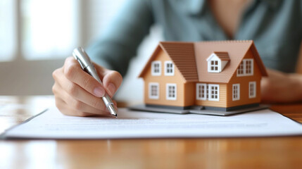A real estate agent is signing a contract to buy a house.