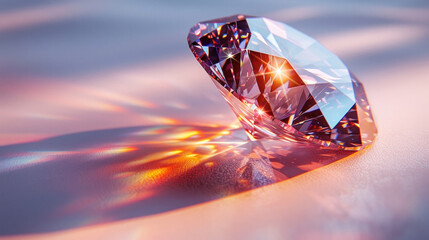 A diamond, Sparkling light round brilliant cut diamond with shadow and glowing lens flares isolated...