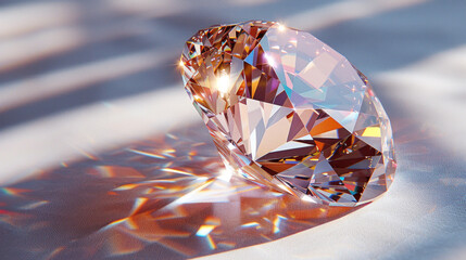 A diamond, Sparkling light round brilliant cut diamond with shadow and glowing lens flares isolated...