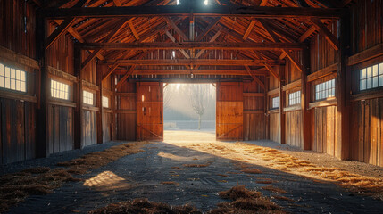 Fototapeta na wymiar A large wooden barn that was empty.