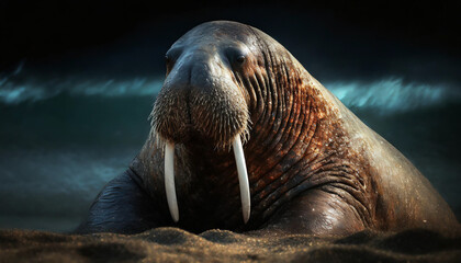 Walrus on the sandy shore. - obrazy, fototapety, plakaty