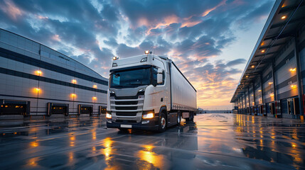 Fototapeta premium A white truck parked in front of an industrial logistics building.