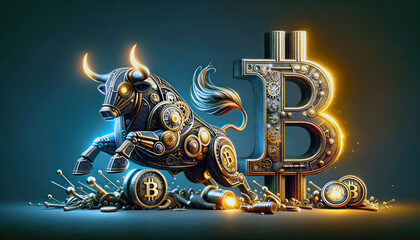 Bitcoin bull run, bull portrait in titanium steampunk theme with BTC symbol, financial market concept, digital currency concept, crypto, decentralized, generative ai