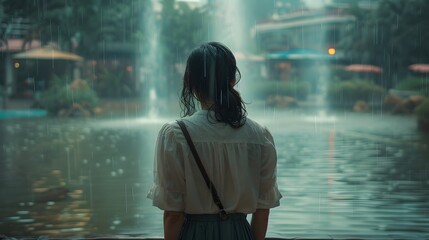 Woman Stares at Water Fountain in Rainy City Park - obrazy, fototapety, plakaty