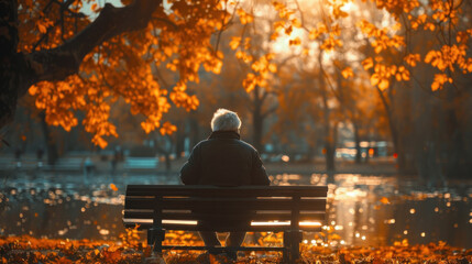 Alone senior is sitting on a bench in the park.
