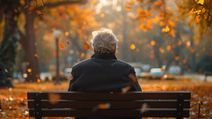 Alone senior is sitting on a bench in the park. - obrazy, fototapety, plakaty
