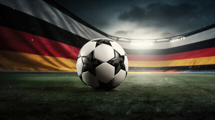 Fototapeta premium Soccer ball on grass with Germany flag background. Concept of 2024 UEFA European Football Championship