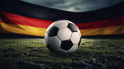 Naklejka premium Soccer ball on grass with Germany flag background. Concept of 2024 UEFA European Football Championship