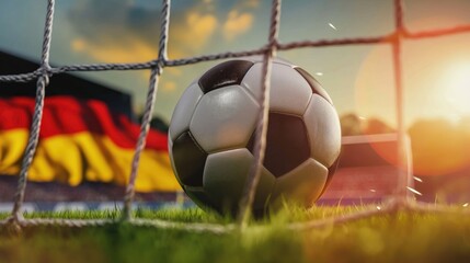 Soccer ball in goal net on the football field with Germany flag background. Concept of 2024 UEFA...