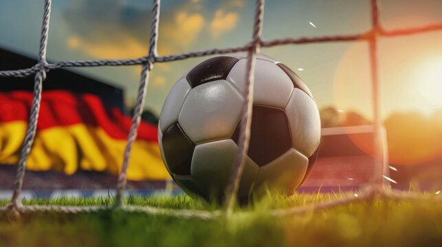 Soccer ball in goal net on the football field with Germany flag background. Concept of 2024 UEFA European Football Championship