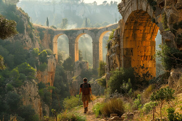 Hiker exploring a serene wilderness trail with the unexpected backdrop of ancient ruins bridging natural beauty with historical mysteries - obrazy, fototapety, plakaty
